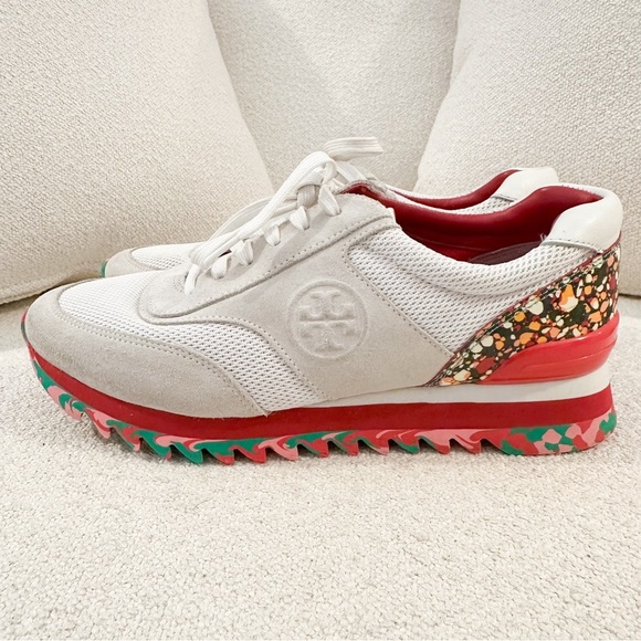 Tory Burch Festival Sawtooth Logo Trainer Sneaker suede cream red sz 8 - Picture 4 of 9
